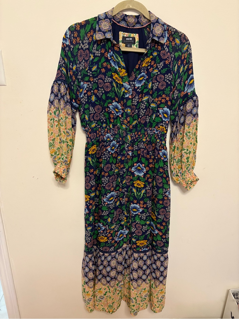 Maeve Anthropologie Mixed Floral Print Maxi Dress Long Sleeve Boho Smocked SP